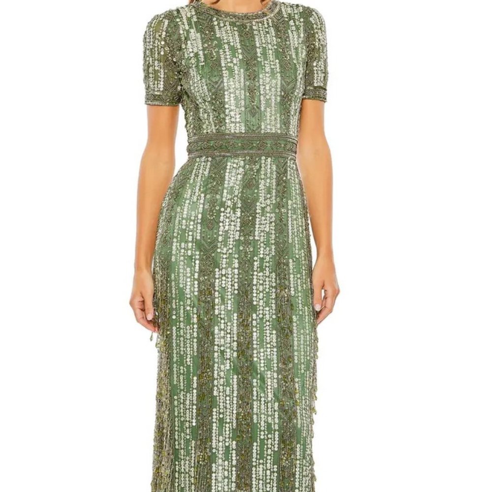 Mac Duggal Sage Green Sequin & Bead Detail Cocktail Midi Dress